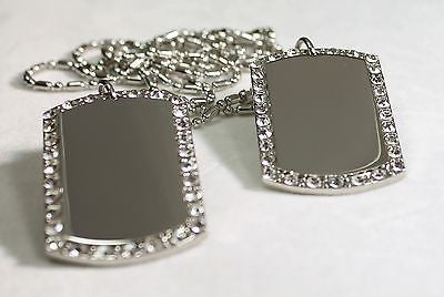 2X SILVER TONE NECKLACE PENDANT DOG TAG CZ BLING CUSTOM MILITARY STYLE - Samstagsandmore