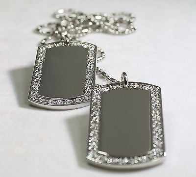 2X RHODIUM PLATED NECKLACE PENDANT DOG TAG CZ BLING CUSTOM MILITARY TAGS - Samstagsandmore