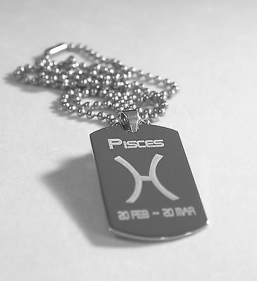 PISCES SOLID STAINLESS STEEL ZODIAC SIGN TRAITS DOG TAG NECKLACE PENDANT - Samstagsandmore