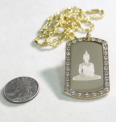 BUDDHA IMAGE ENGRAVED,GOLD PLATED, CZ, BLING, DOG TAG, NECKLACE - Samstagsandmore