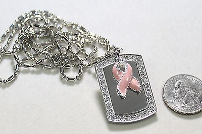 BREAST CANCER PINK RIBBON BLING NECKLACE PENDANT CZ STAINLESS  DOG TAG - Samstagsandmore