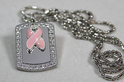 BREAST CANCER PINK RIBBON BLING NECKLACE PENDANT CZ STAINLESS  DOG TAG - Samstagsandmore