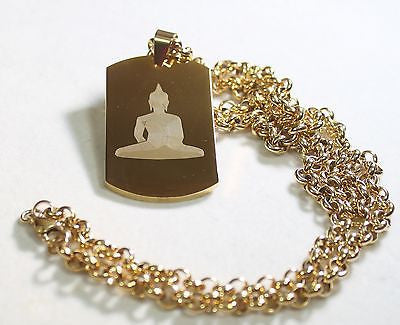 BUDDHA NECKLACE THICK DOG TAG STAINLESS STEEL COLOR GOLD IPG ROLO CHAIN PENDANT - Samstagsandmore