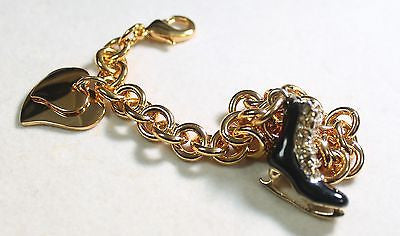 FIGURE SKATE CHARM GOLD TONE BRACELET DOUBLE HEART CHARM - Samstagsandmore