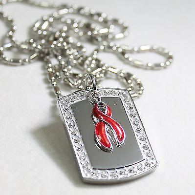 HIV/AIDS HEART DISEASE RIBBON BLING NECKLACE PENDANT CZ STAINLESS TAG - Samstagsandmore