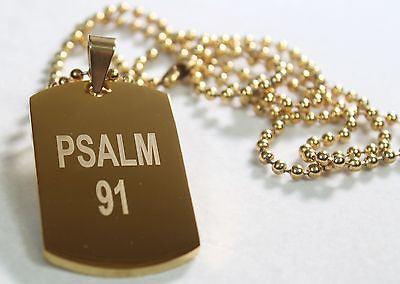 PSALM 91 SOLID THICK STAINLESS STEEL IPG GOLD PLATED DOG TAG BALL CHAIN 30" - Samstagsandmore