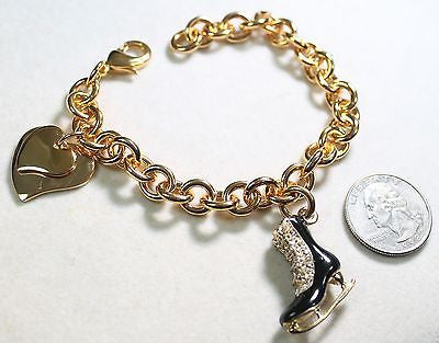 FIGURE SKATE CHARM GOLD TONE BRACELET DOUBLE HEART CHARM - Samstagsandmore