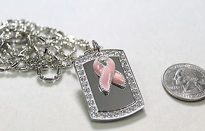 BREAST CANCER PINK RIBBON BLING NECKLACE PENDANT CZ STAINLESS  DOG TAG - Samstagsandmore