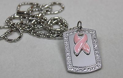 BREAST CANCER PINK RIBBON BLING NECKLACE PENDANT CZ STAINLESS  DOG TAG - Samstagsandmore