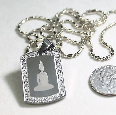 Buddha dog tag CZ stainless steel necklace pendant - Samstagsandmore