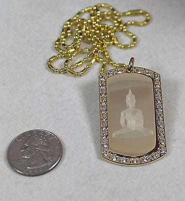 BUDDHA IMAGE ENGRAVED,GOLD PLATED, CZ, BLING, DOG TAG, NECKLACE - Samstagsandmore