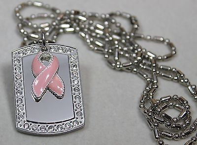 BREAST CANCER PINK RIBBON BLING NECKLACE PENDANT CZ STAINLESS  DOG TAG - Samstagsandmore
