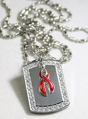 HIV/AIDS HEART DISEASE RIBBON BLING NECKLACE PENDANT CZ STAINLESS TAG - Samstagsandmore