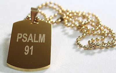 PSALM 91 SOLID THICK STAINLESS STEEL IPG GOLD PLATED DOG TAG BALL CHAIN 30" - Samstagsandmore