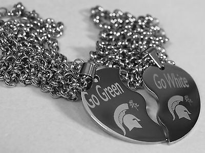 SOLID STAINLESS MICHIGAN STATE ROSE BOWL GO GREEN GO WHITE SPLIT HEART NECKLACE - Samstagsandmore