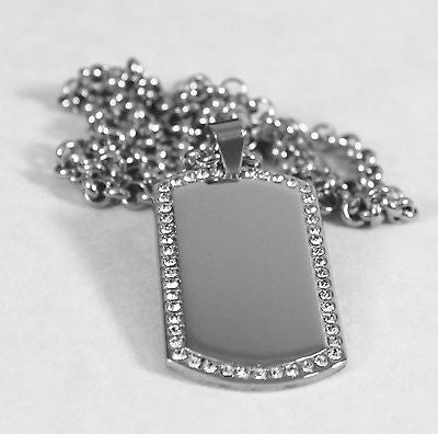 CZ BLING THICK NECKLACE DOG TAG STAINLESS STEEL ROLO CHAIN - Samstagsandmore