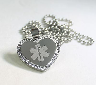 CZ BLING SOLID STAINLESS STEEL HEART MEDICAL ALERT BALL CHAIN FREE ENGRAVE - Samstagsandmore