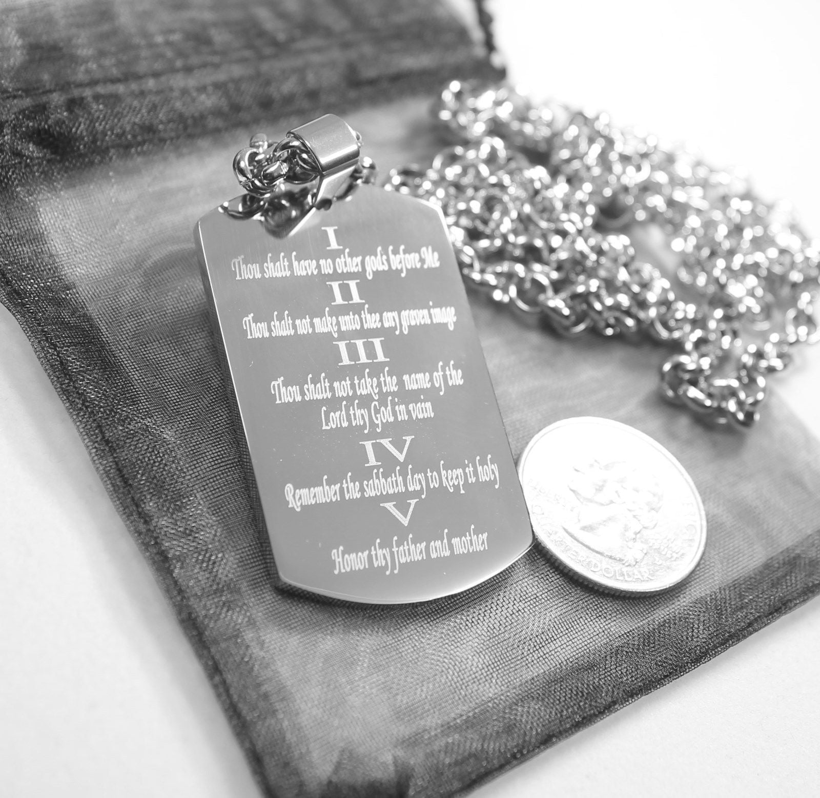 10 COMMANDMENTS SOLID THICK STAINLESS STEEL ROLO CHAIN SHINE PRAYER - Samstagsandmore