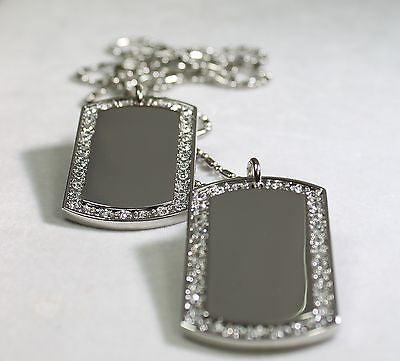 2X RHODIUM PLATED NECKLACE PENDANT DOG TAG CZ BLING CUSTOM MILITARY TAGS - Samstagsandmore