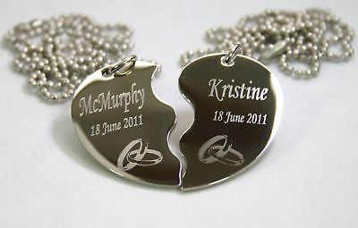 PERSONALIZED SPLIT HEART WEDDING BANDS SOLID STAINLESS STEEL  NECKLACE SET - Samstagsandmore