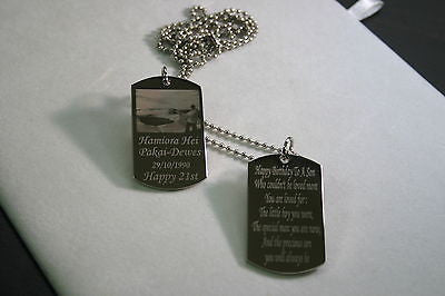 PICTURE DOG TAG (2) PENDANT NECKLACE FREE ENGRAVE MILITARY STY STAINLESS STEEL - Samstagsandmore