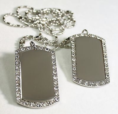 2X SILVER TONE NECKLACE PENDANT DOG TAG CZ BLING CUSTOM MILITARY STYLE - Samstagsandmore