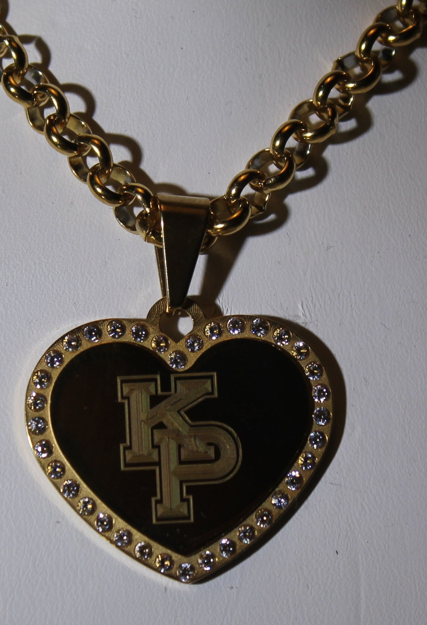 CZ BLING SOLID STAINLESS STEEL GOLD TONE HEART USMMA KP FREE ENGRAVE ROLO CHAIN - Samstagsandmore