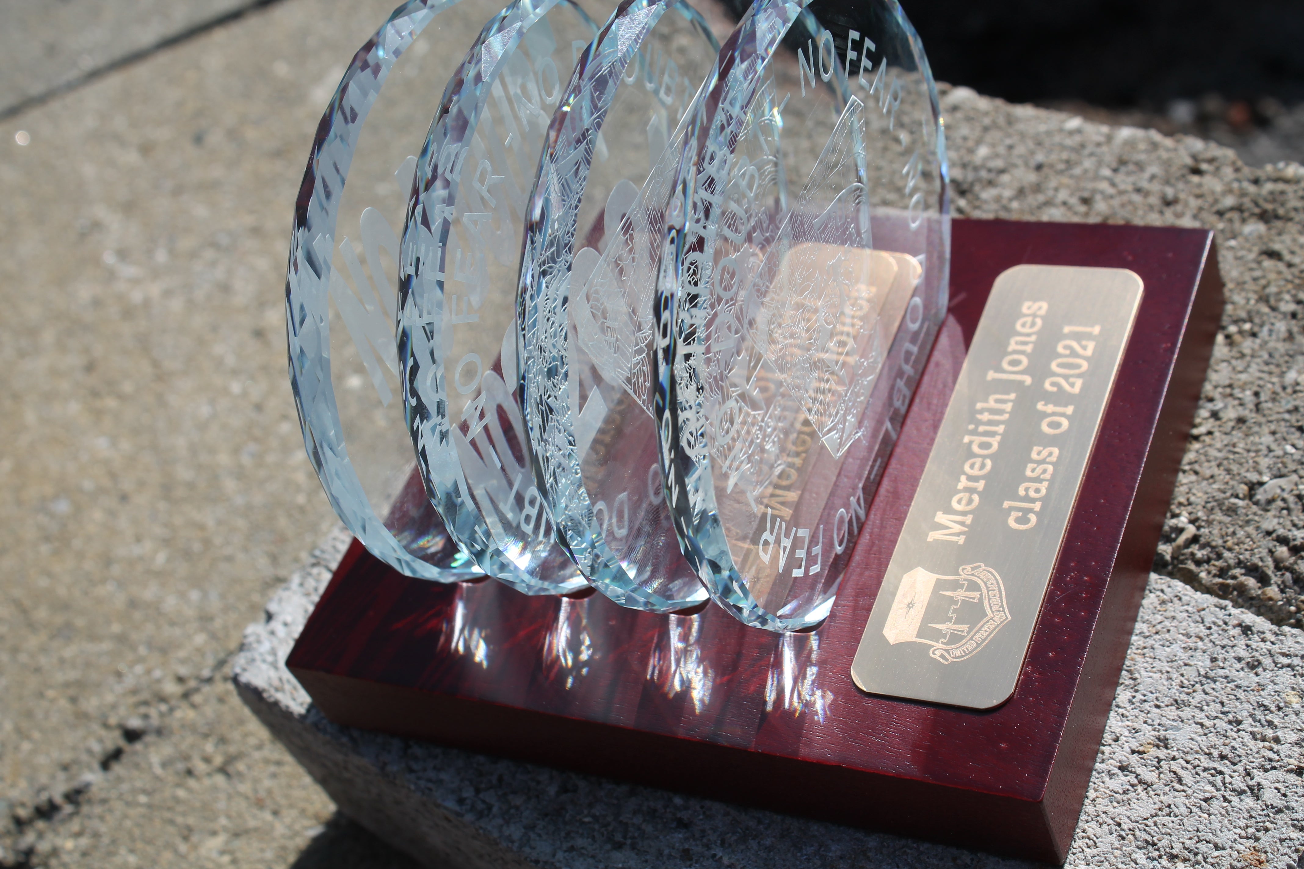USAFA Custom K9 Faceted Edge Sand Carved Crystal Coasters in Wood Base with Brass Plate - design set #2 - Samstagsandmore