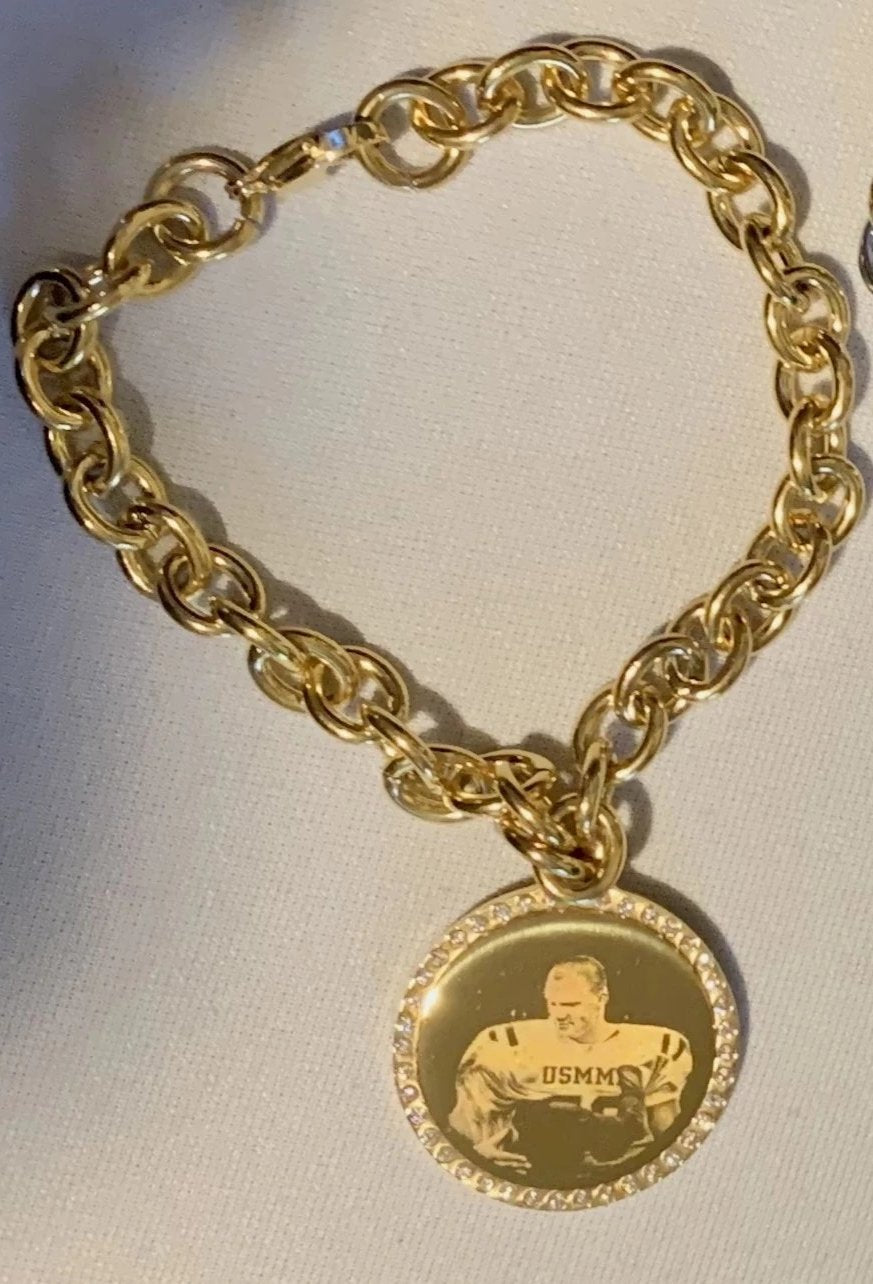 Custom Engraved CZ Bling Gold IPG Stainless Steel Round With Oval Link Chain Bracelet - Samstagsandmore