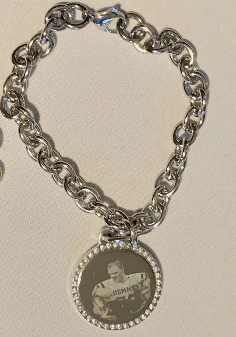 Custom Engraved CZ Bling Silver Tone Stainless Steel Round with Oval Link Chain Bracelet up to 5 charms - Samstagsandmore
