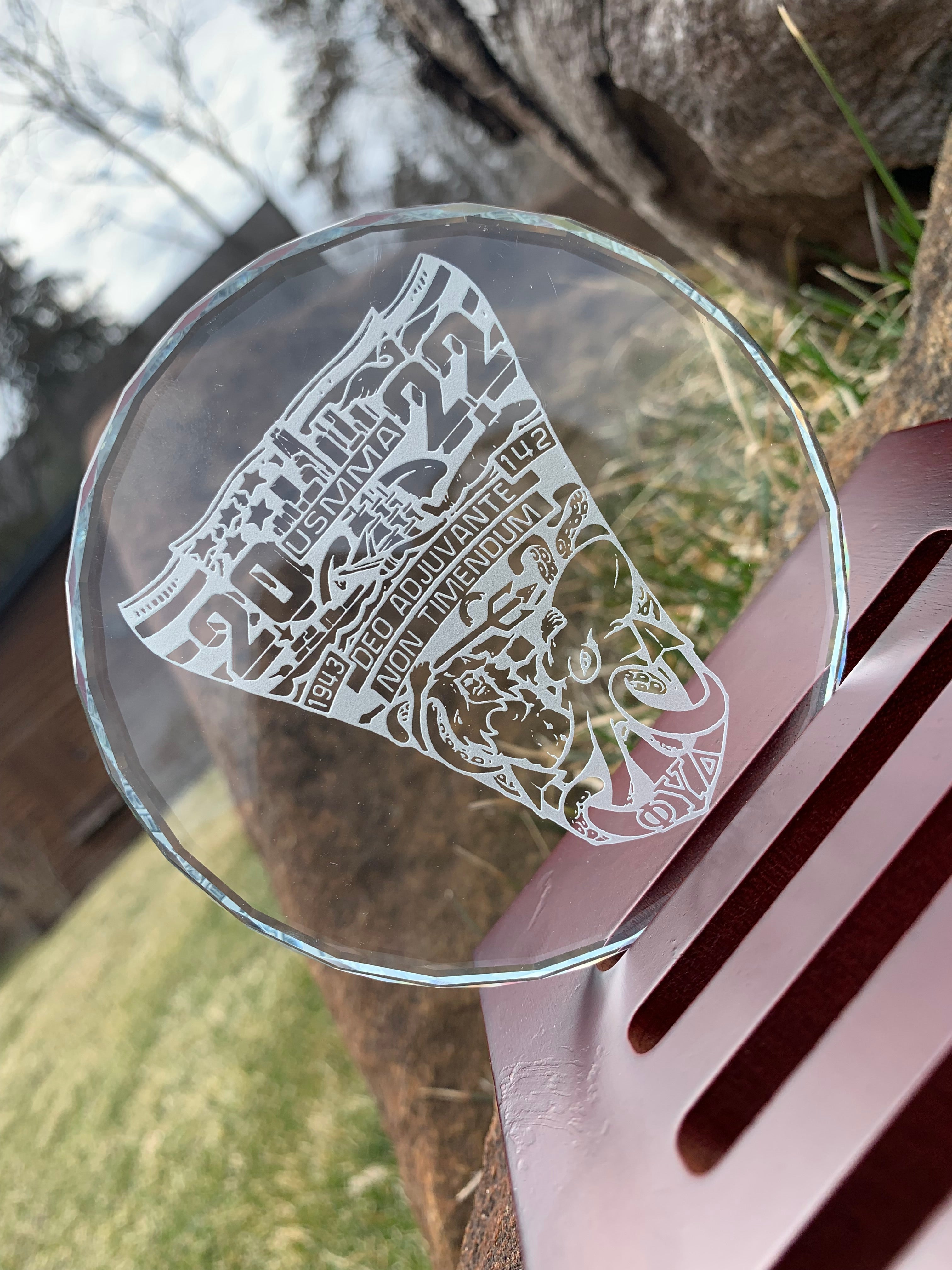 USMMA class of 2022 Custom K9 Faceted Edge Sand Carved Crystal Coasters in Wood Base with Brass Plate - FOUR designs