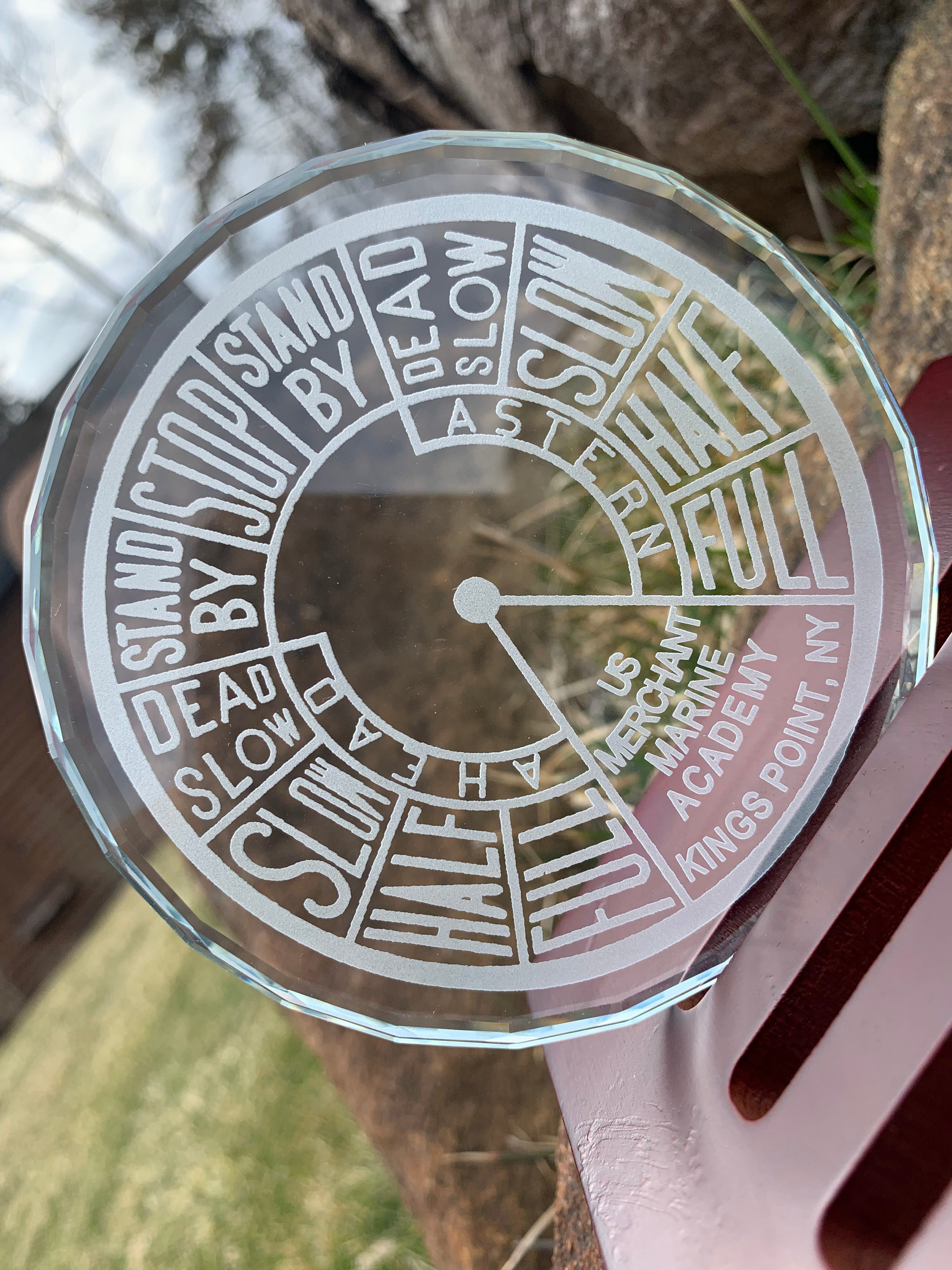 USMMA class of 2022 Custom K9 Faceted Edge Sand Carved Crystal Coasters in Wood Base with Brass Plate - FOUR designs