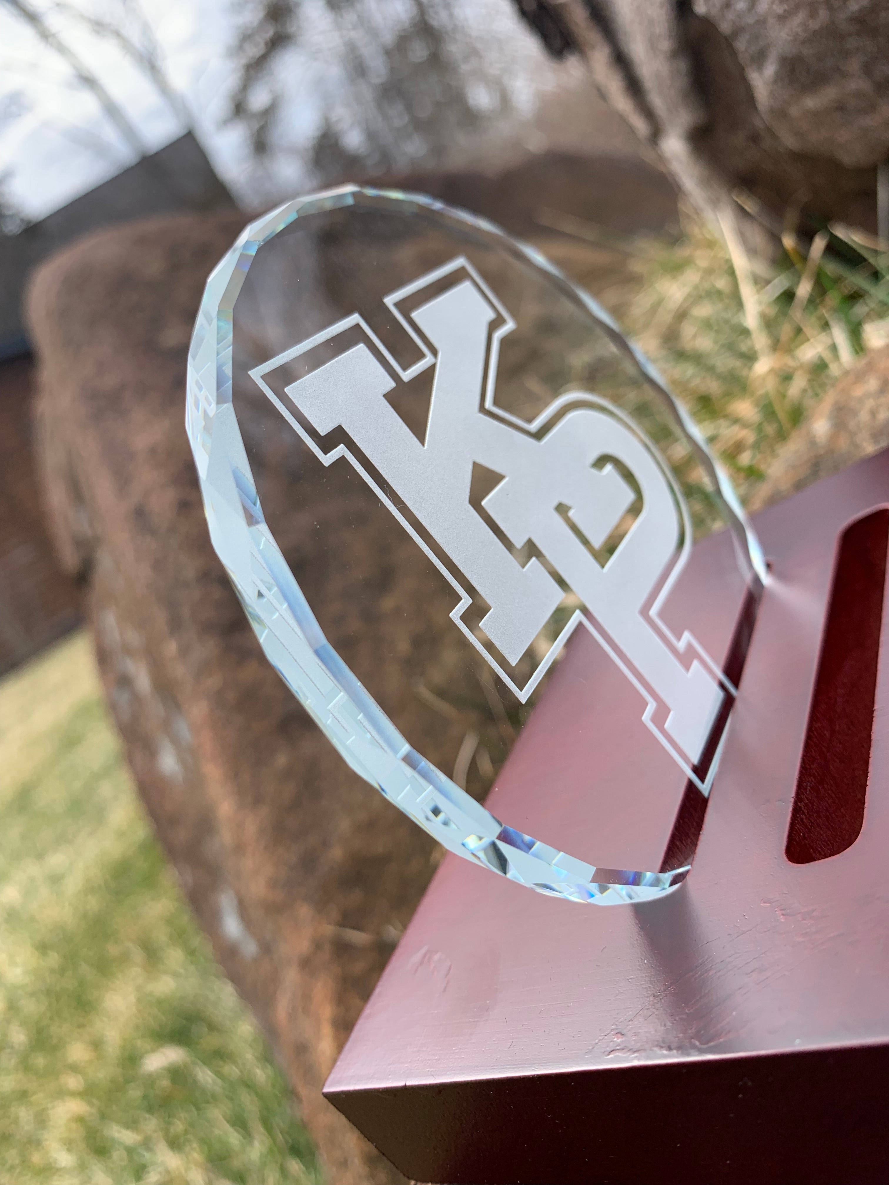 USMMA class of 2022 Custom K9 Faceted Edge Sand Carved Crystal Coasters in Wood Base with Brass Plate - FOUR designs