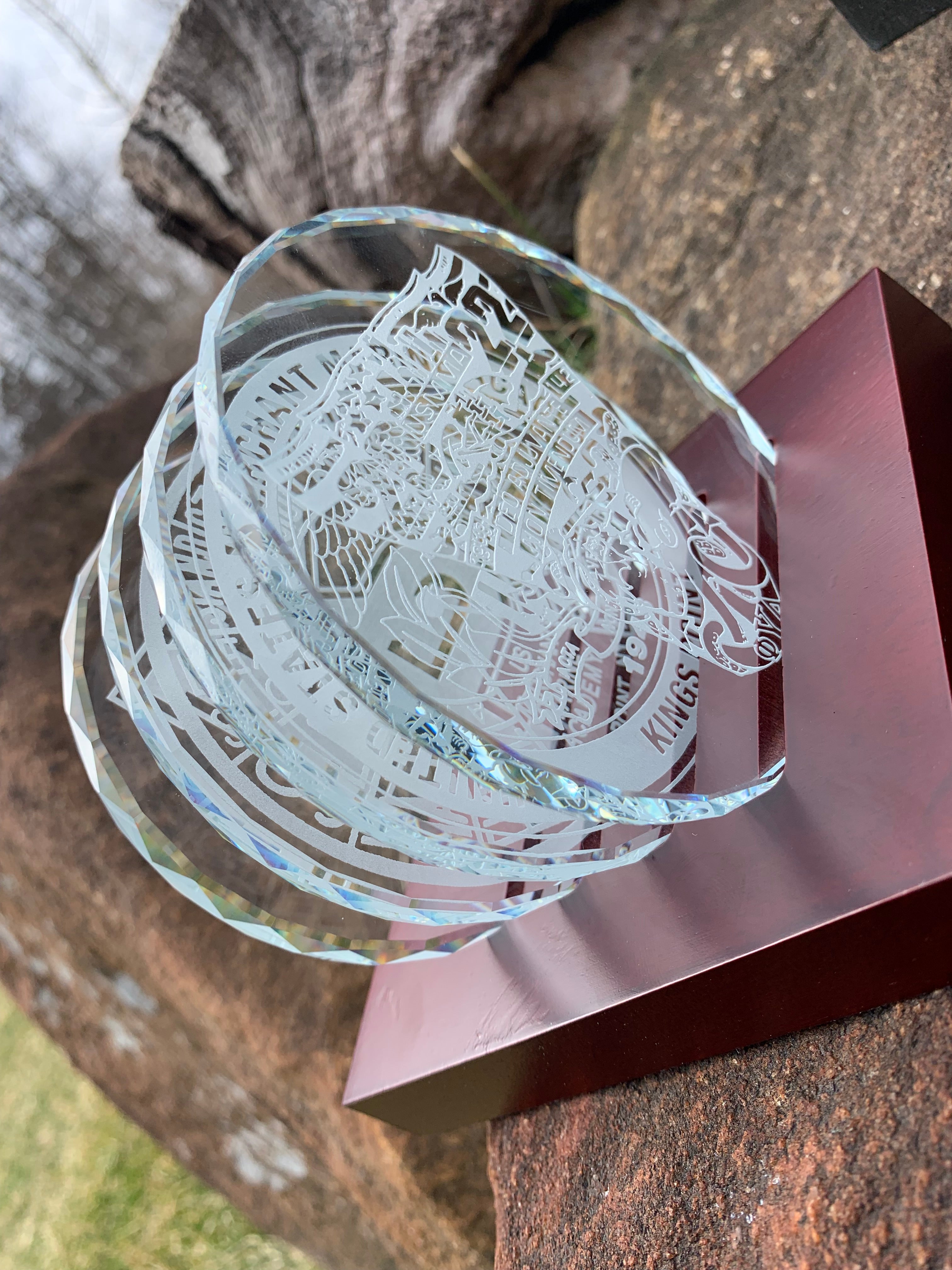 USMMA class of 2022 Custom K9 Faceted Edge Sand Carved Crystal Coasters in Wood Base with Brass Plate - FOUR designs