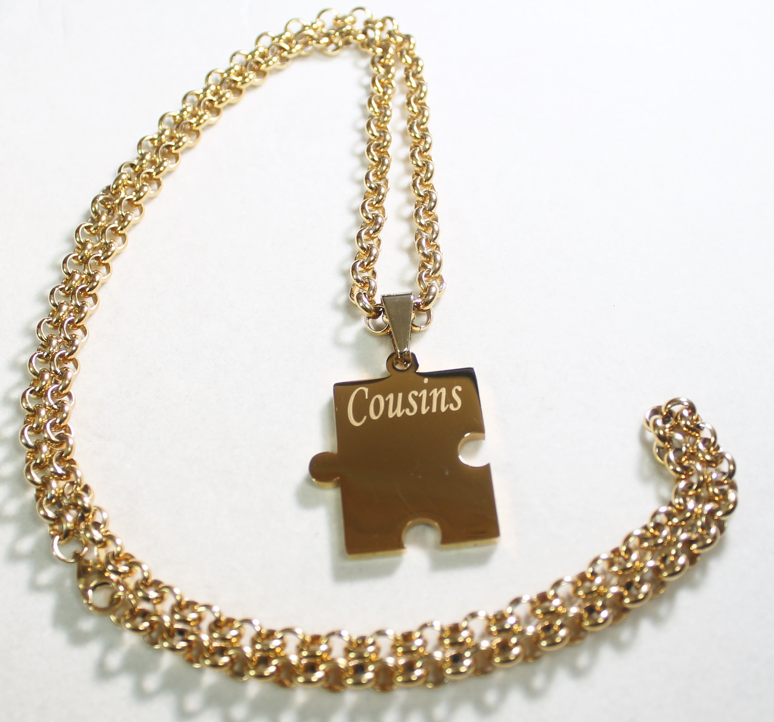 FAMILY PUZZLE PIECE,NAMES, IPG GOLD SOLID STAINLESS STEEL ROLO CHAIN NECKLACE - Samstagsandmore