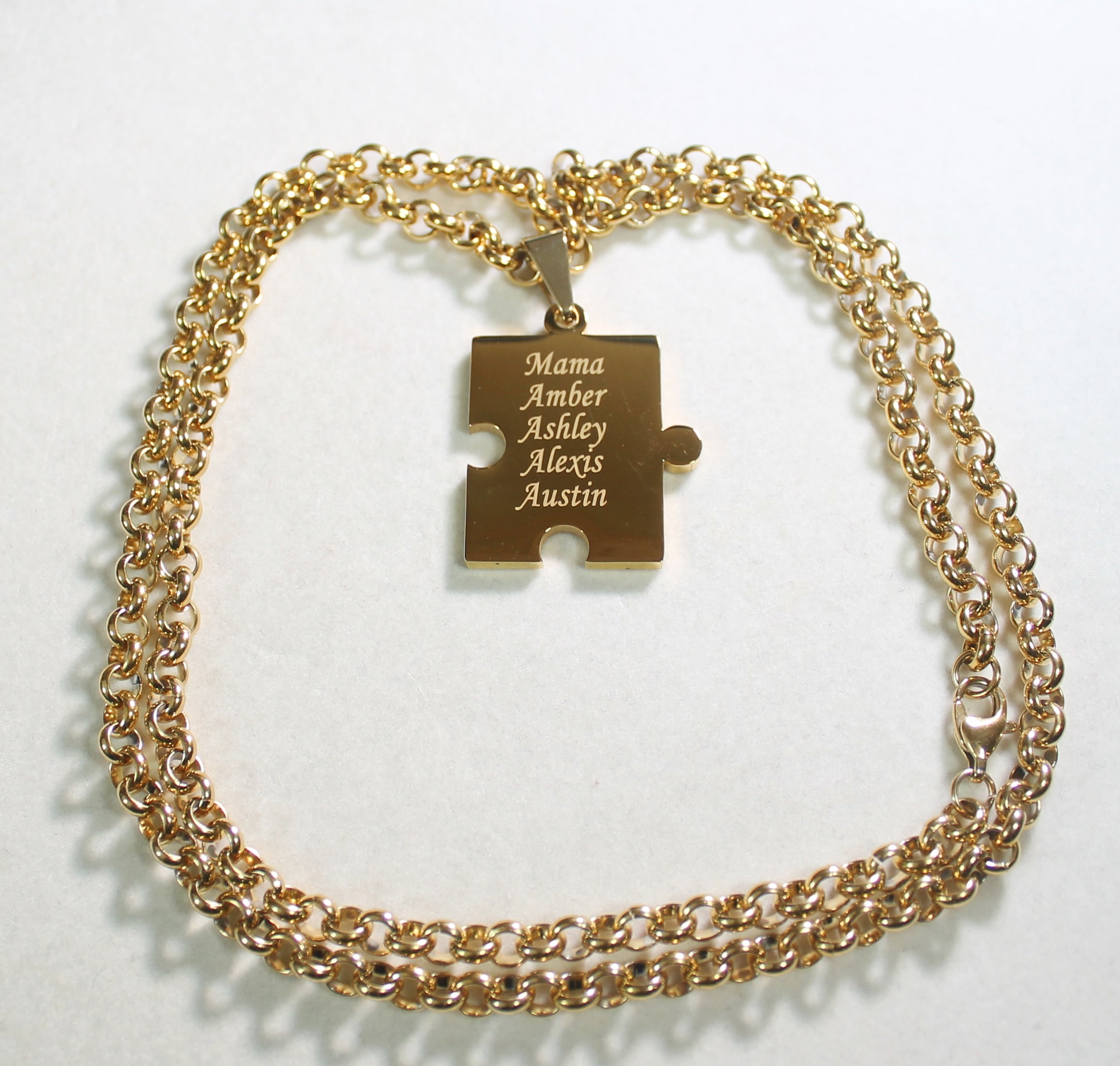 FAMILY PUZZLE PIECE,NAMES, IPG GOLD SOLID STAINLESS STEEL ROLO  CHAIN NECKLACE - Samstagsandmore