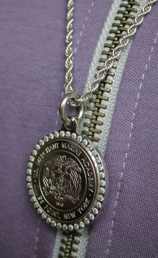 USMMA US Merchant Marine Academy CZ bling round logo pendant on stainless steel rope chain EDM - Samstagsandmore