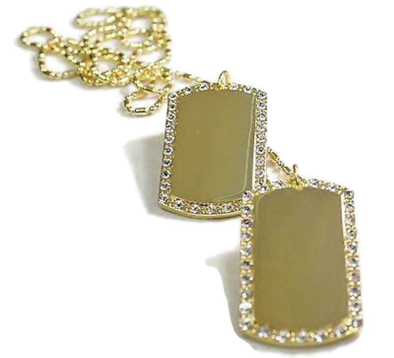 2X GOLD PLATED FLAT EDGE NECKLACE PENDANT DOG TAG CZ BLING MILITARY STYLE - Samstagsandmore