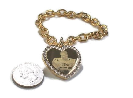 Photo Picture Text Custom Engraved CZ Bling Gold IPG Stainless Steel Heart With Oval Link Chain USMMA - Samstagsandmore