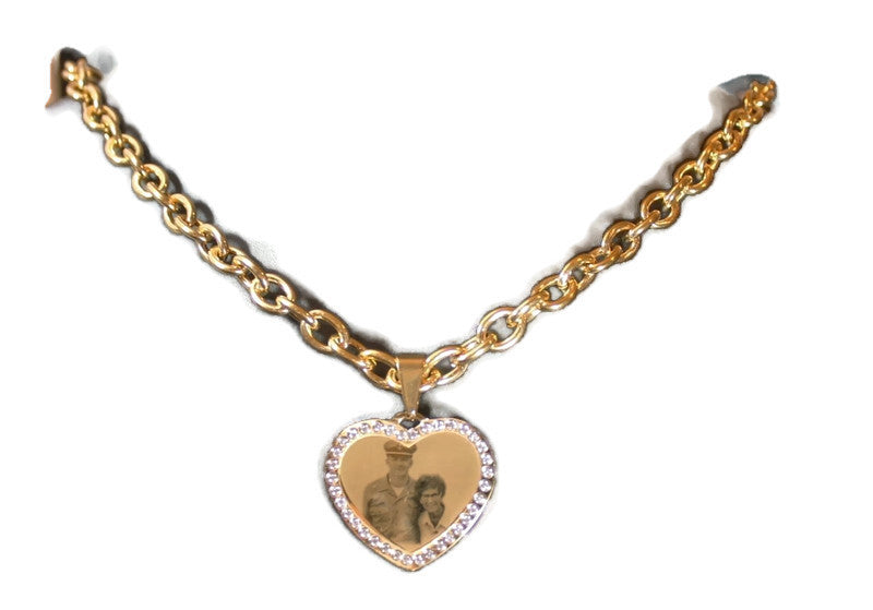 Photo Picture Text Custom Engraved CZ Bling Gold IPG Stainless Steel Heart With Oval Link Chain USMMA - Samstagsandmore
