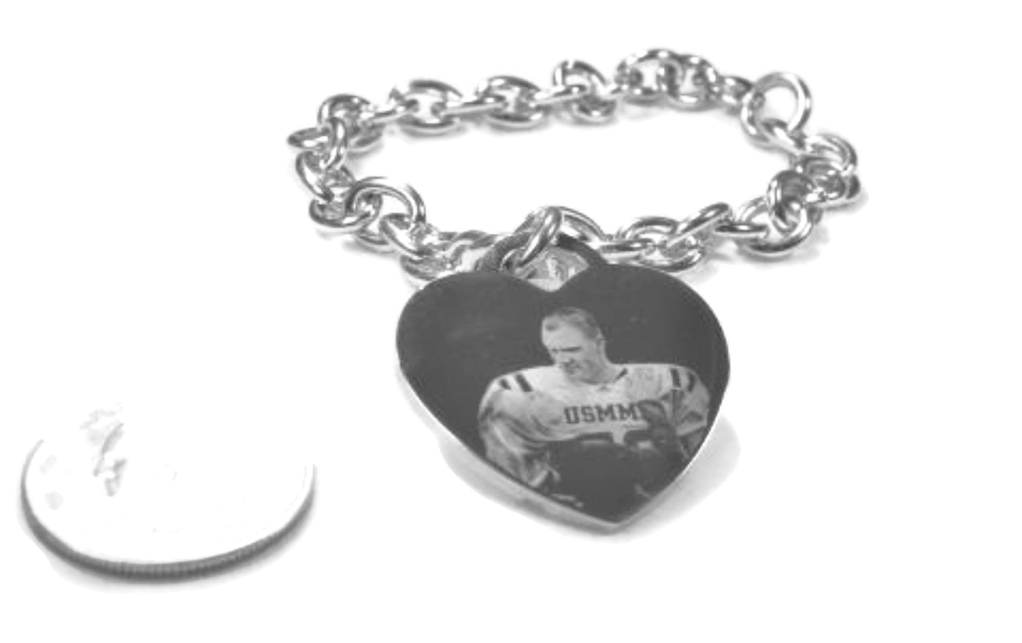 Photo Picture Text Tag Custom Engraved Style Silver Tone Stainless Steel Heart with Oval Link Chain Bracelet - Samstagsandmore