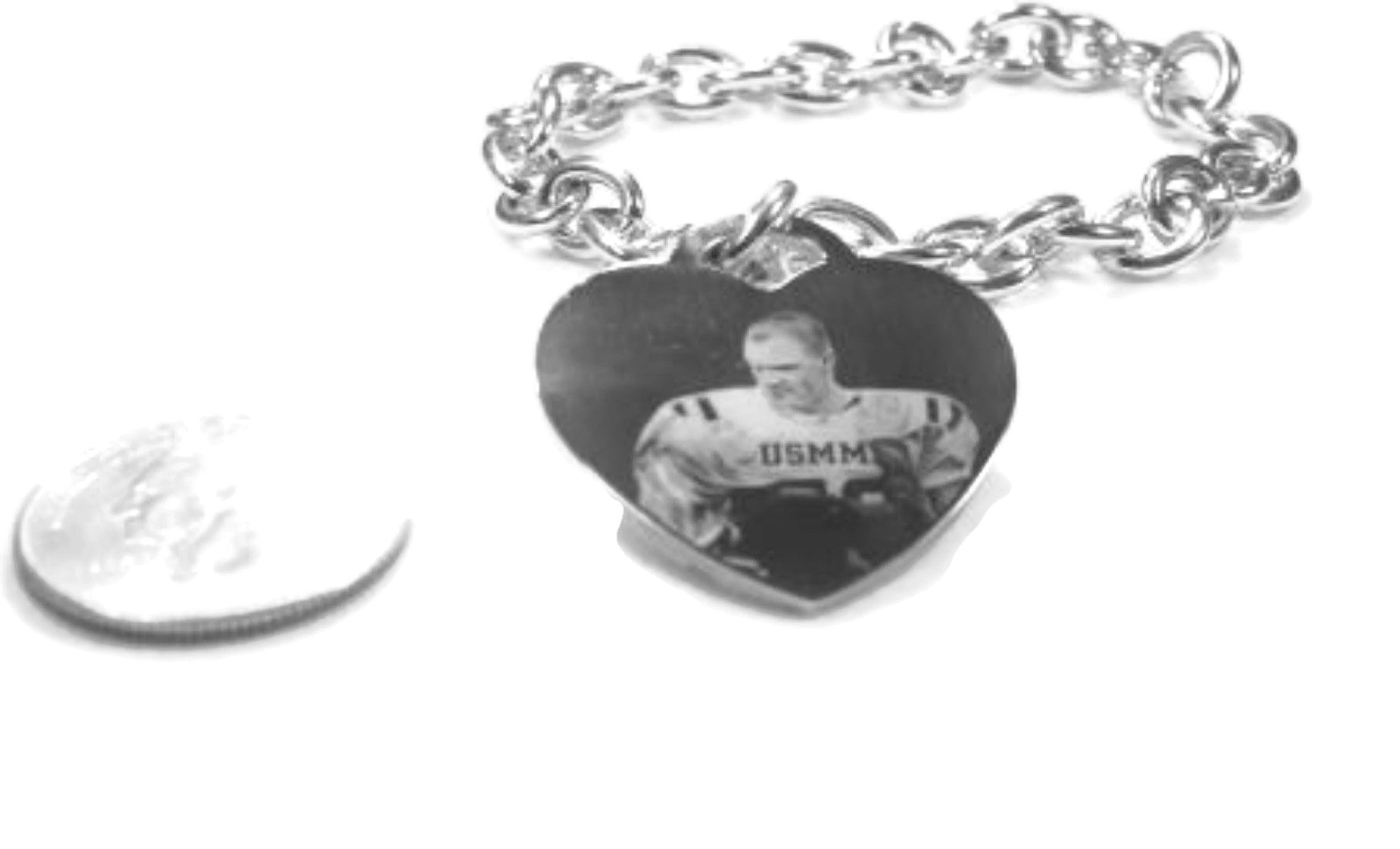 Photo Picture Text Tag Custom Engraved Style Silver Tone Stainless Steel Heart with Oval Link Chain Bracelet - Samstagsandmore
