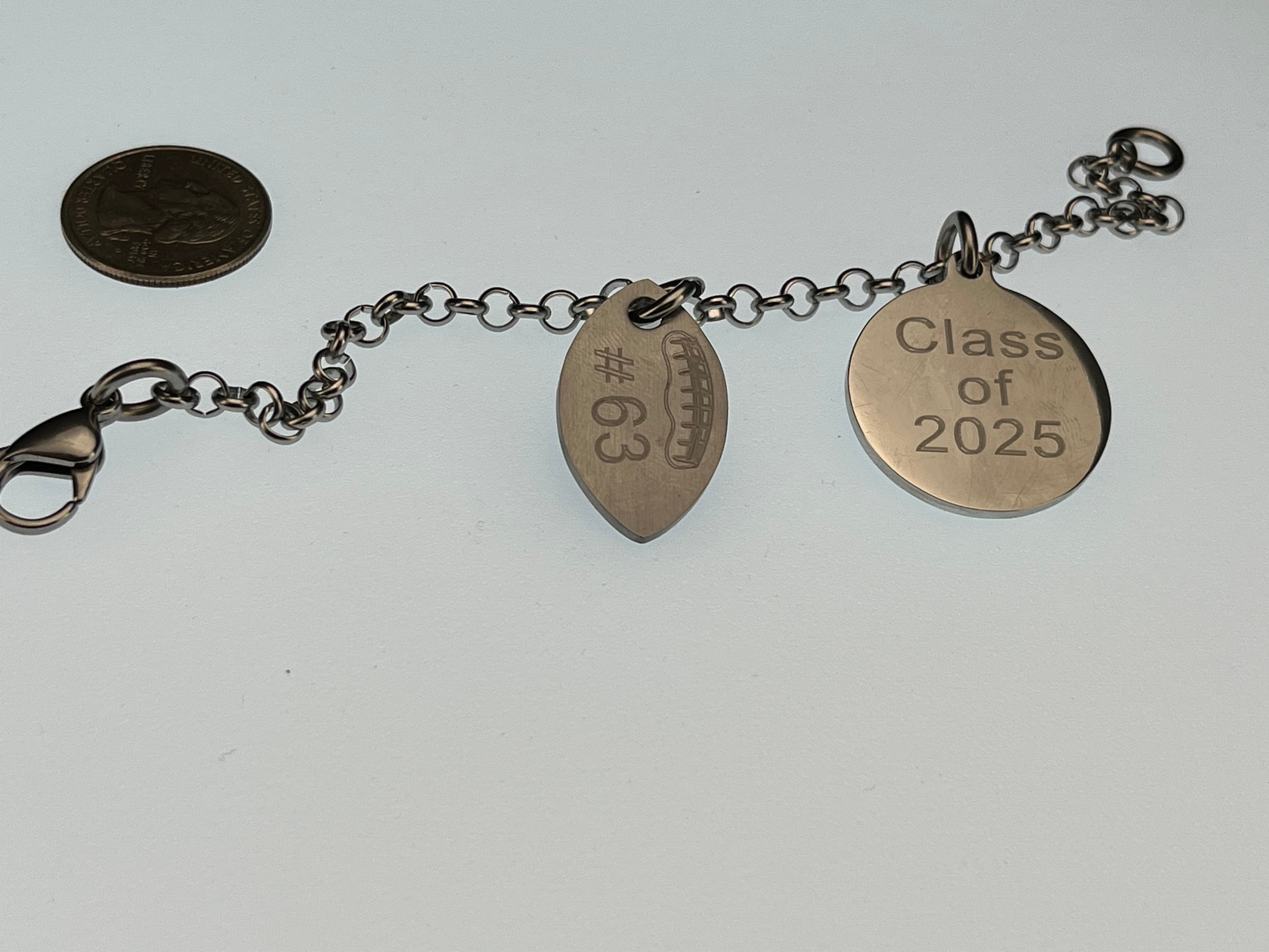 USMMA US Merchant Marine Academy KP football charm and  CZ bling round logo pendant on stainless steel rolo braceletchain