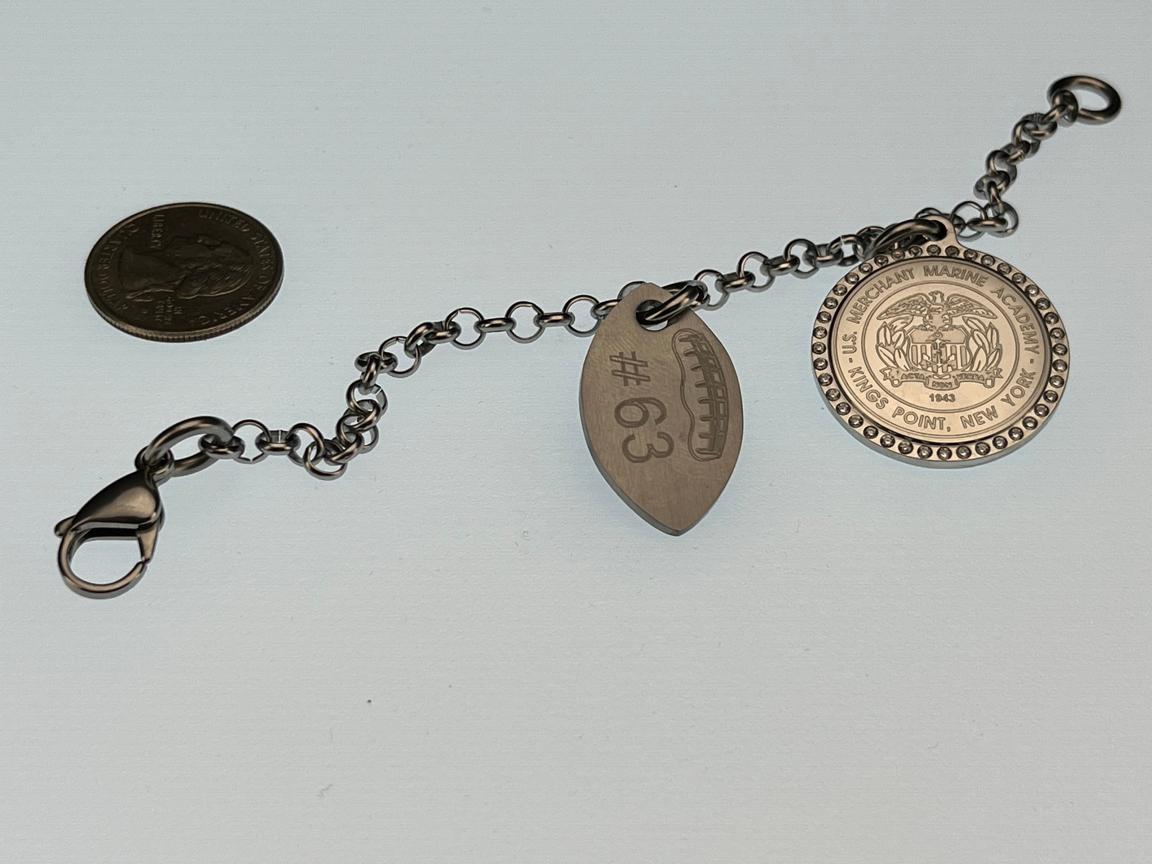 USMMA US Merchant Marine Academy KP football charm and  CZ bling round logo pendant on stainless steel rolo braceletchain