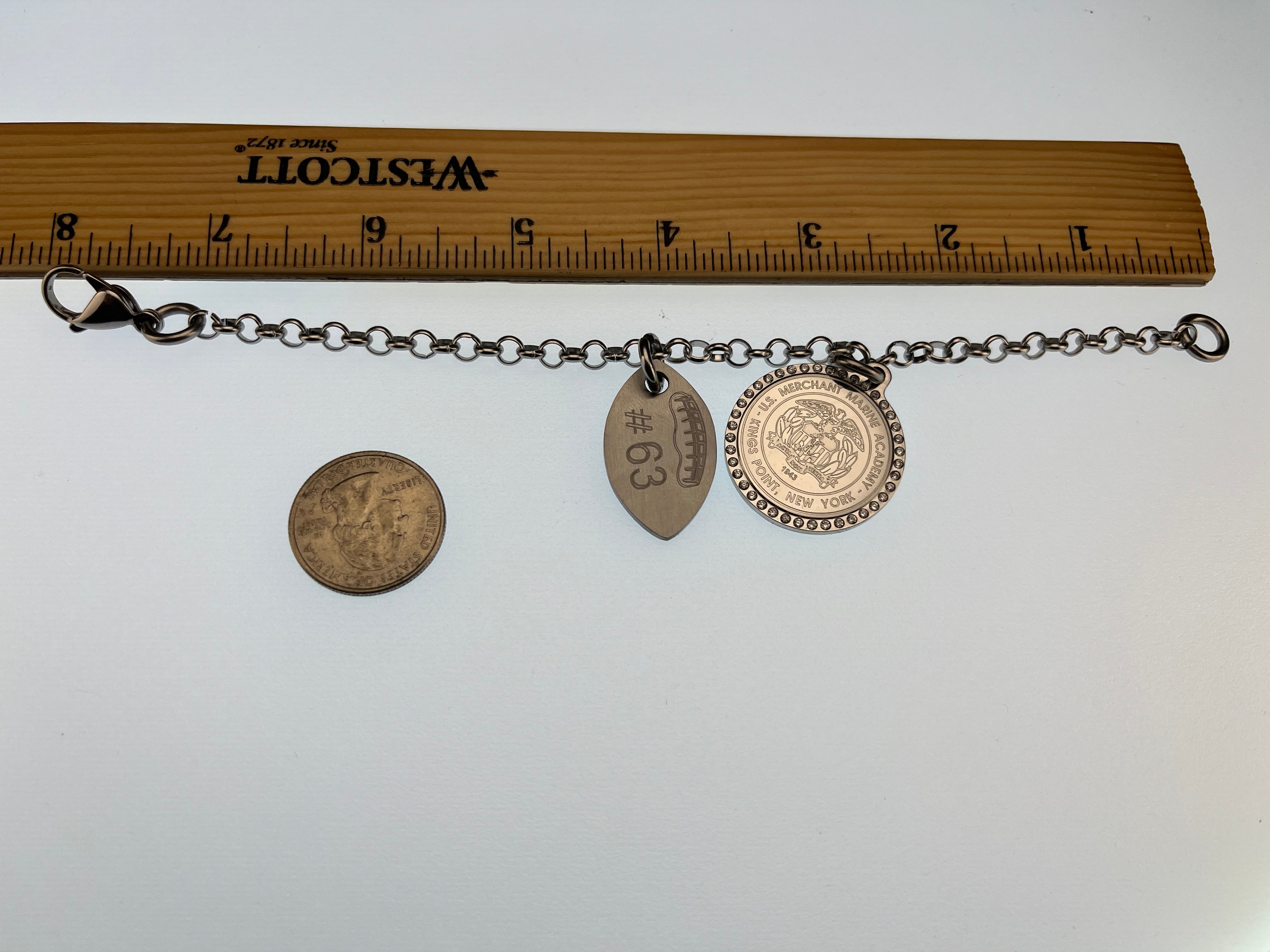 USMMA US Merchant Marine Academy KP football charm and  CZ bling round logo pendant on stainless steel rolo braceletchain