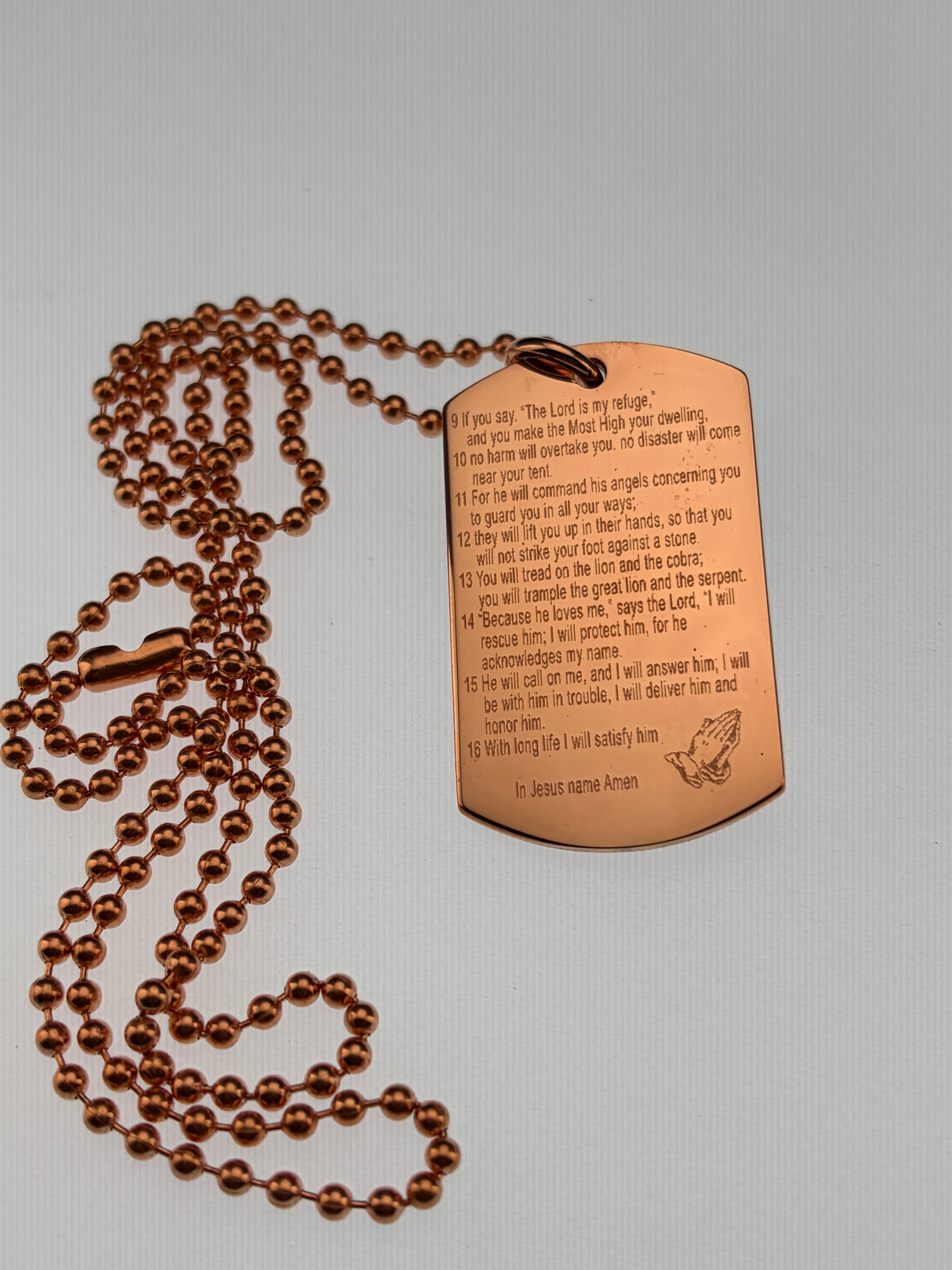 Psalm 91 necklace Solid Copper Double Sided Cross Dog Tag Pendant