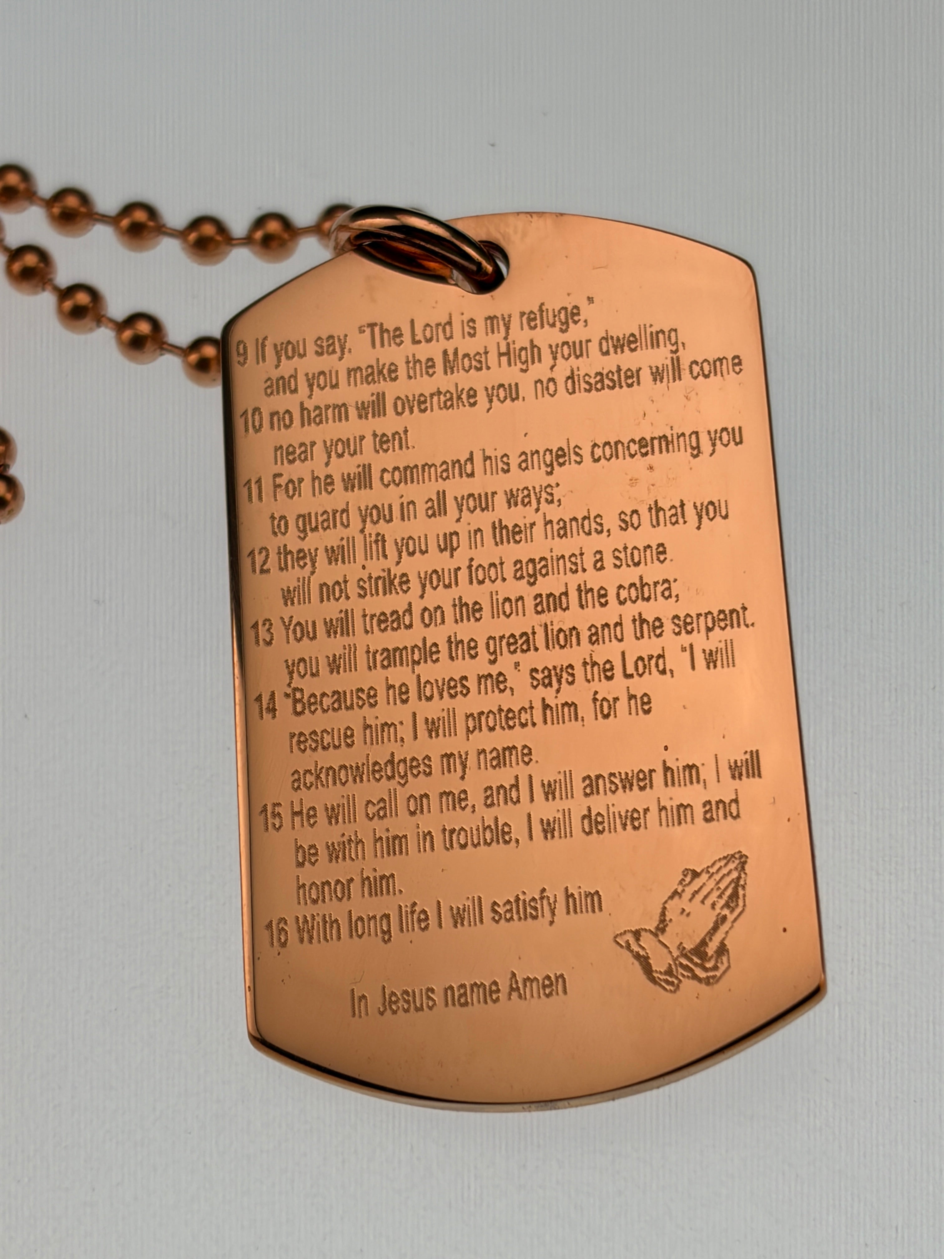 Psalm 91 necklace Solid Copper Double Sided Cross Dog Tag Pendant