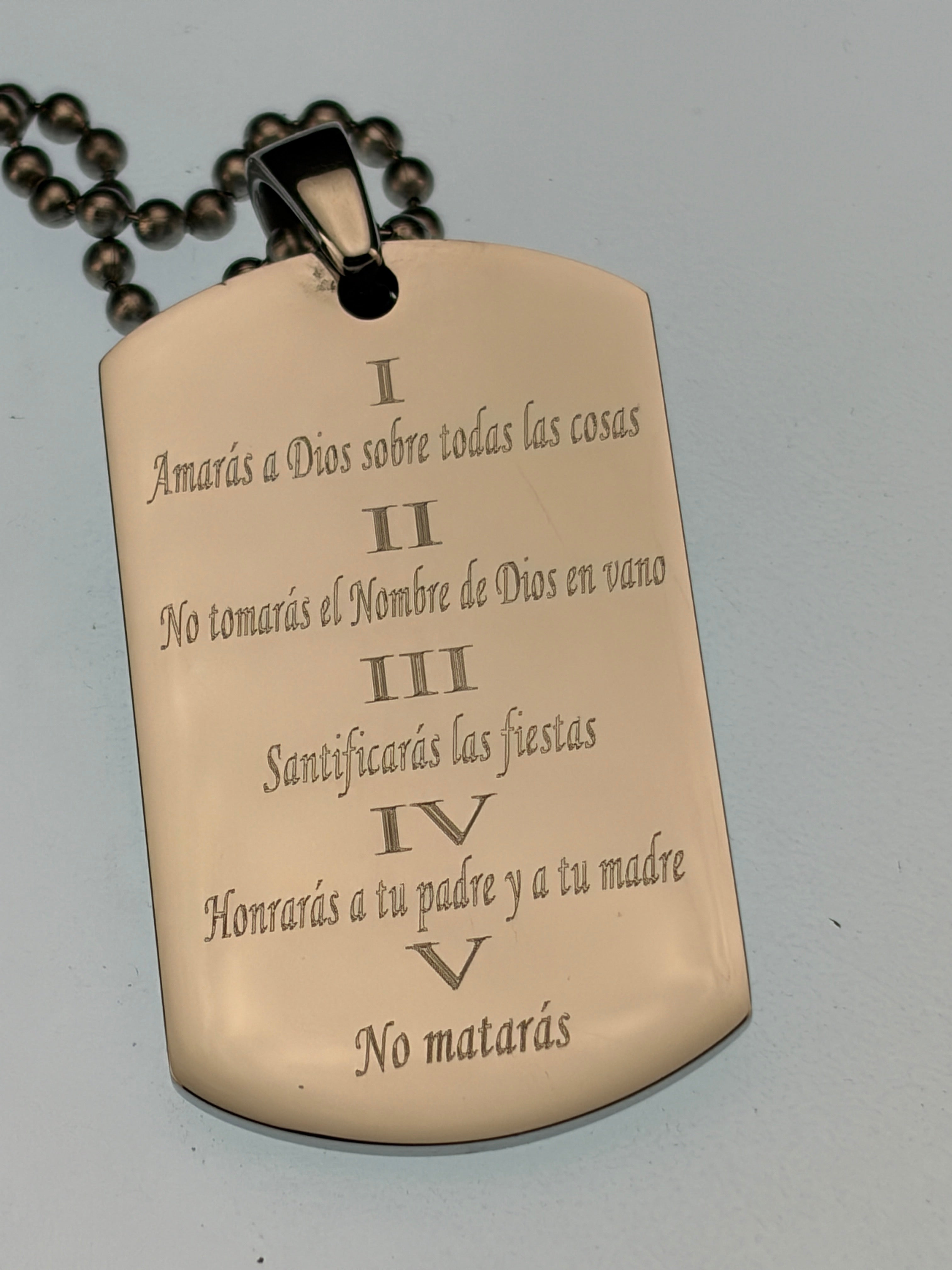 Collar de oración de cadena de bola de acero inoxidable sólido y grueso en español Spanish 10 Commandments Solid Thick  Stainless Steel Ball Chain Prayer Necklace