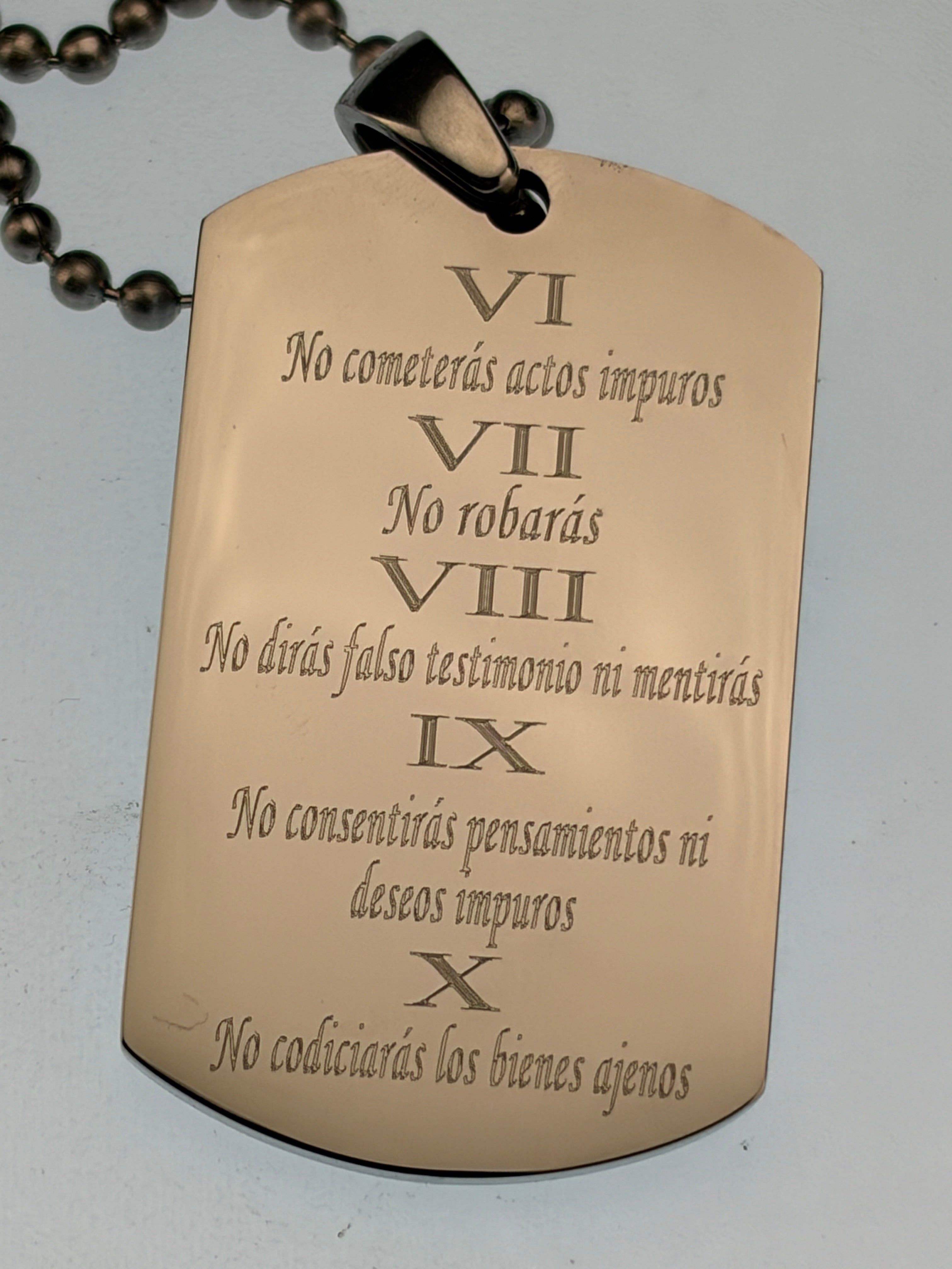 Collar de oración de cadena de bola de acero inoxidable sólido y grueso en español Spanish 10 Commandments Solid Thick  Stainless Steel Ball Chain Prayer Necklace