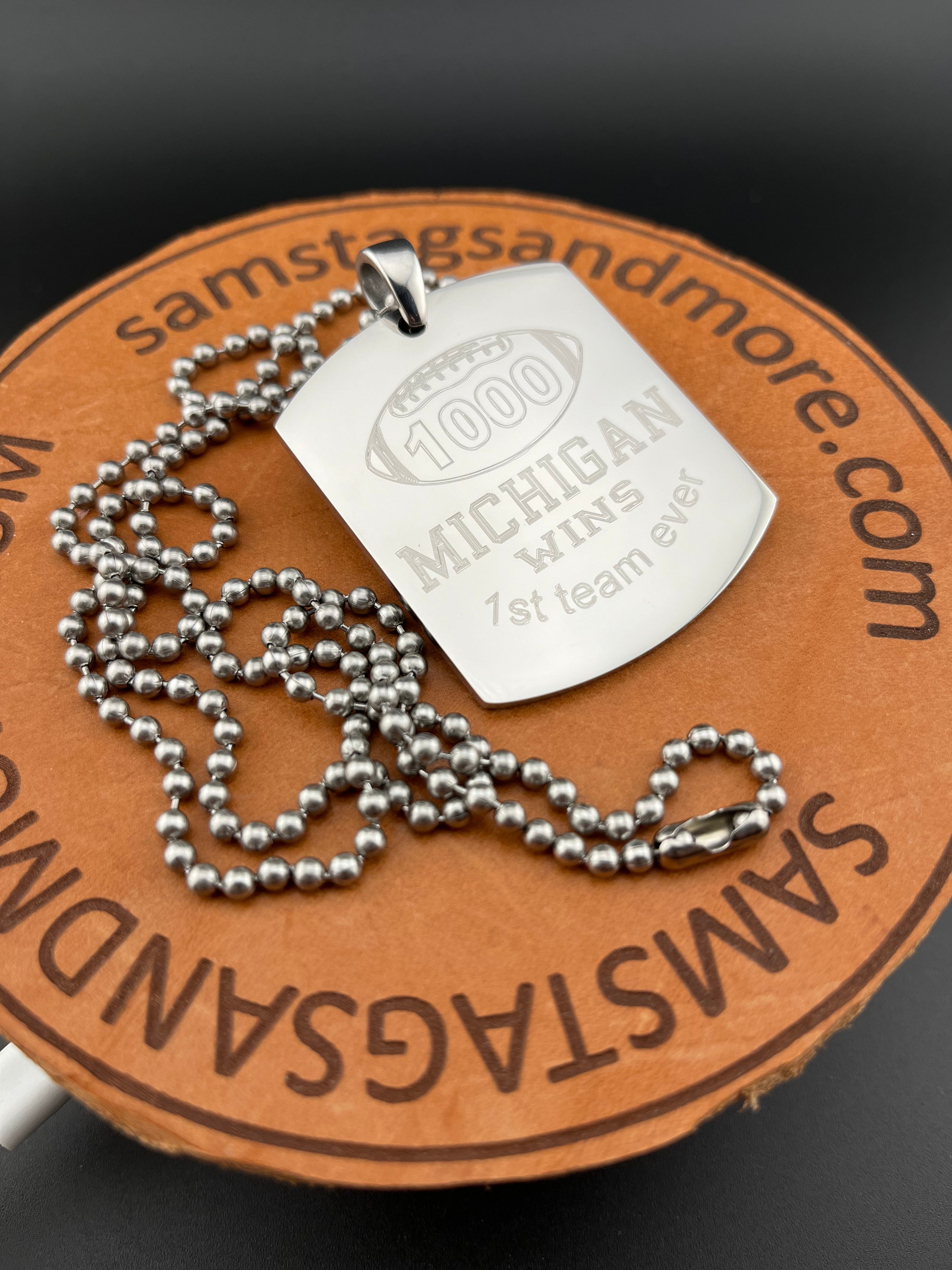 Michigan UM 1st first to 1000 wins football  X LARGE XL PENDANT THICK STAINLESS STEEL DOG TAG necklace